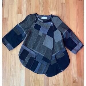 NEW - T TAHARI Women's PATHWORK Gray Heather/Blue WOOL-BLEND CAPE  XS‎